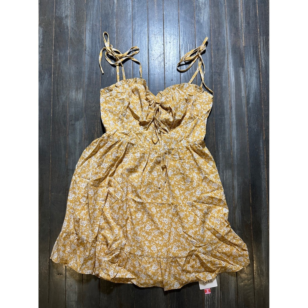 cider gold dress Yellow Ditsy Floral Tie Shoulder Ruffle Mini Smocked Back edit: PARTY AW25-1
